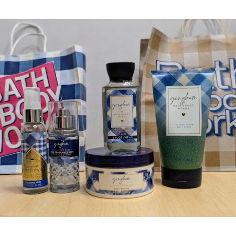 Bath & Body Works Gingham Body Butter Scrub Mini Wash + 2 Travel Mists Set of 5